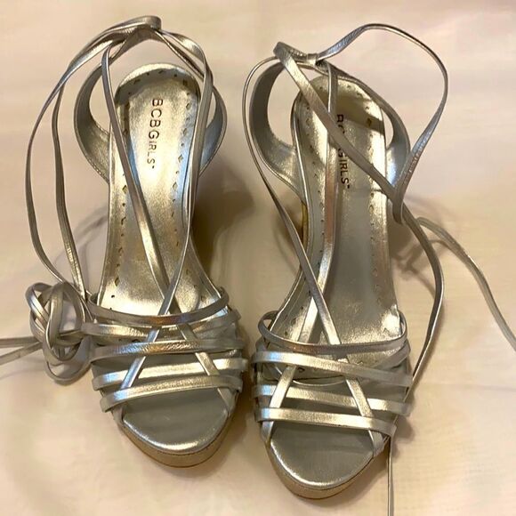 BCBGirls Silver Wedge Shoes 4.5 heels - Picture 1 of 9